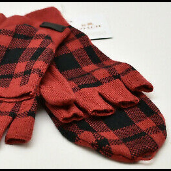 COACH Buffalo Plaid Convertible Mittens NWT Red/Bl